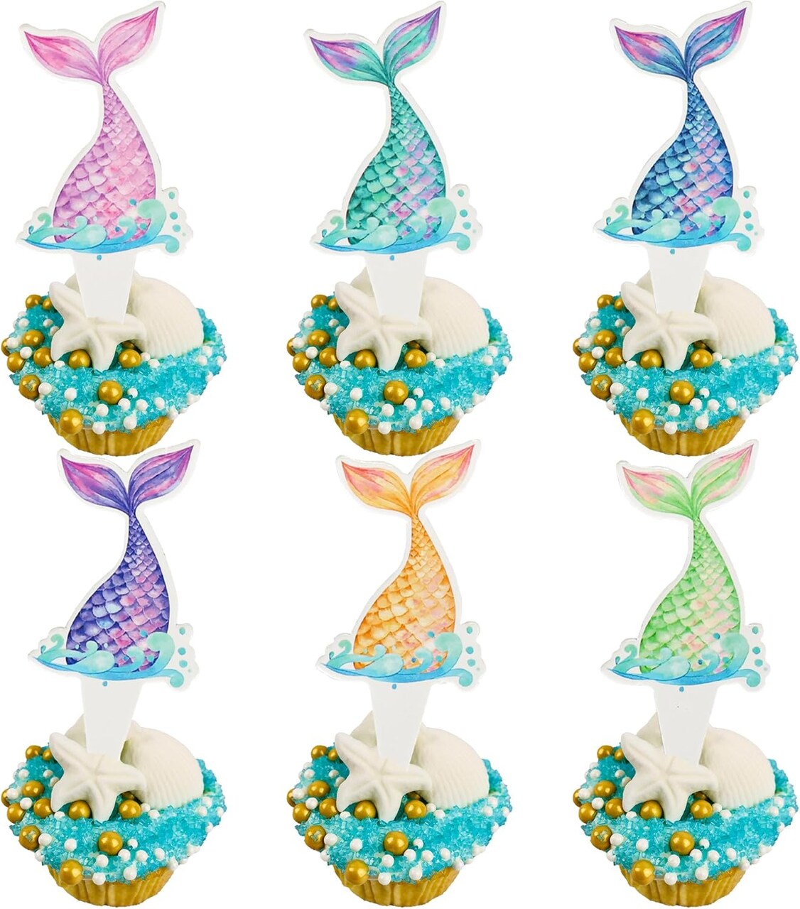 36PCS Mermaid Tail Cupcake Toppers – Under the Sea Picks for Birthday & Baby Shower Cakes